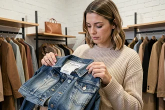 Femme examinant une étiquette de taille en centimètres sur une veste en jean dans une boutique de vêtements moderne