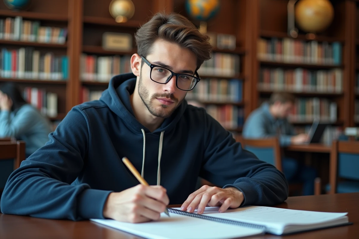 Étudiant révisant les capitales mondiales dans un carnet à une table de bibliothèque universitaire