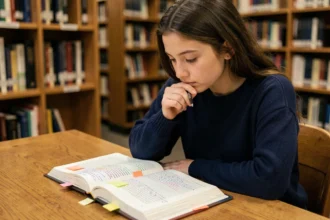 Étudiante révisant la définition du fait social de Durkheim dans une bibliothèque universitaire pour le Bac de sociologie