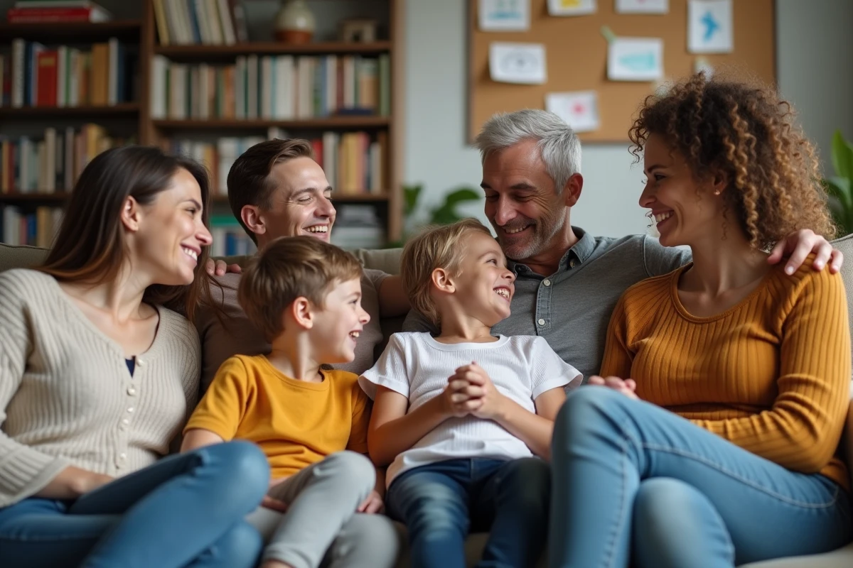 Famille multigenerations riant dans le salon convivial