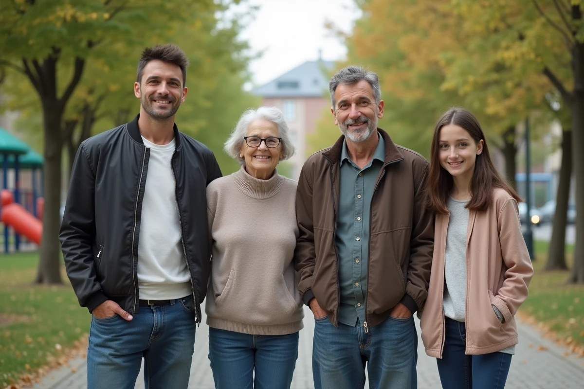 Famille dans un parc urbain avec arbres et jeux