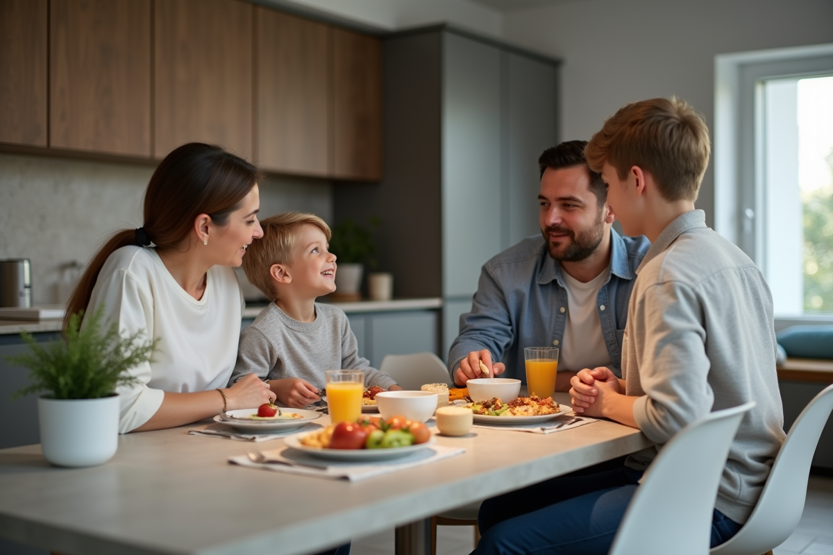 Famille prenant le petit déjeuner dans une cuisine contemporaine