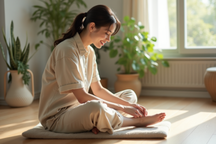 Femme relaxee pratiquant l'acupressure sur le pied dans un interieur calme