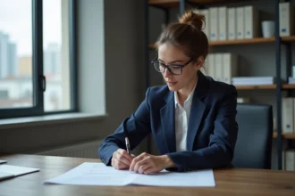 Femme d'affaires en blazer examinant un contrat au bureau