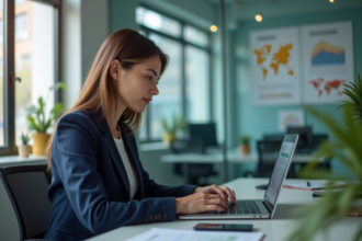 Femme en blazer analysant un tableau de bord numérique