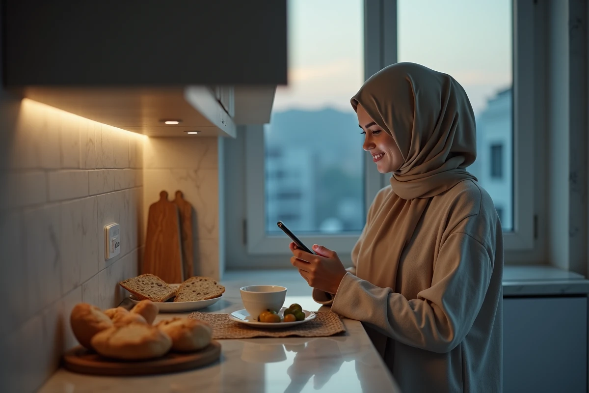 Femme consultant une application de prière sur smartphone pour l'heure Imsak pendant le Ramadan avant l'aube