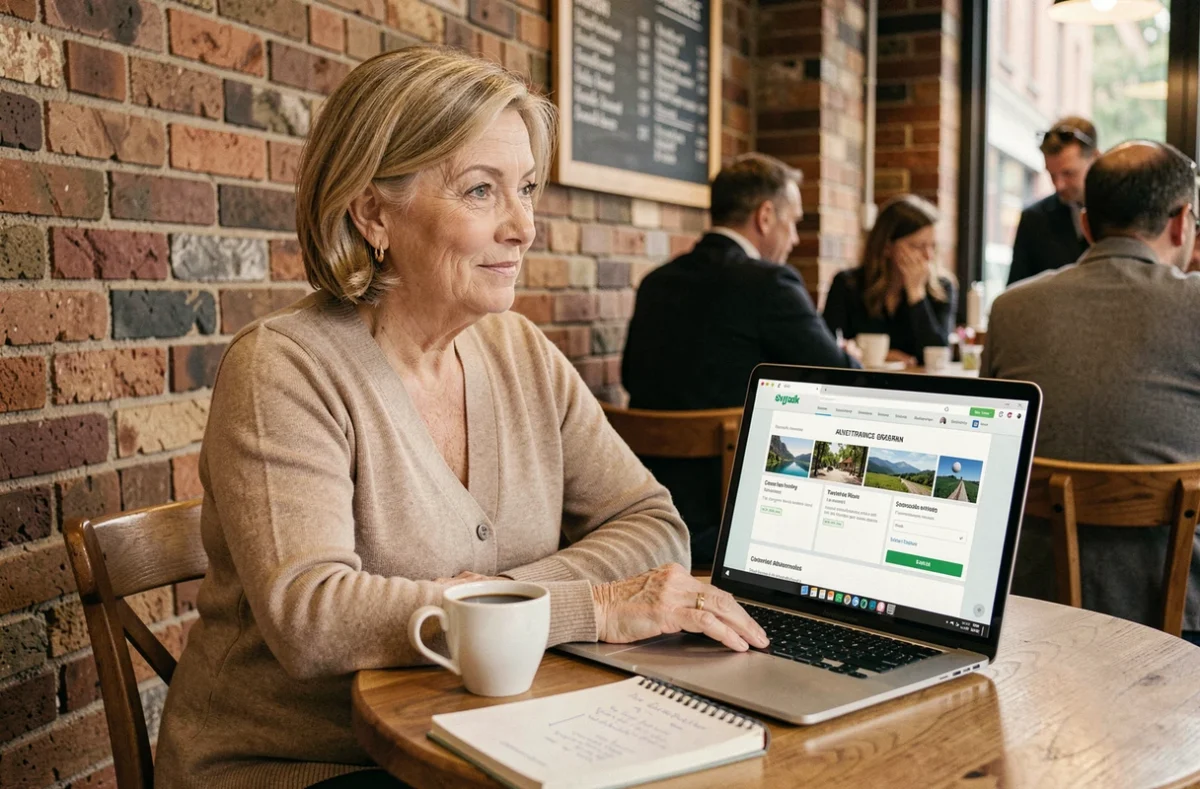 Femme mature comparant des assurances voyage sur un ordinateur portable dans un café urbain avec carnet de notes et café