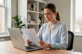 Femme consultant son attestation mutuelle santé sur un ordinateur portable dans un bureau à domicile