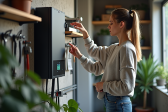 Femme examinant une batterie domestique moderne dans une pièce pratique