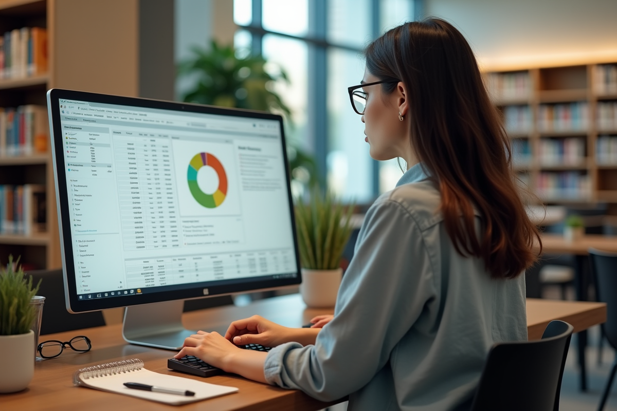 Femme utilisant ordinateur dans une bibliothèque publique