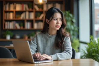 Femme au bureau dans un café moderne en intérieur
