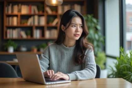 Femme au bureau dans un café moderne en intérieur