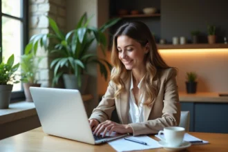 Jeune femme au bureau cuisine avec ordinateur et plantes