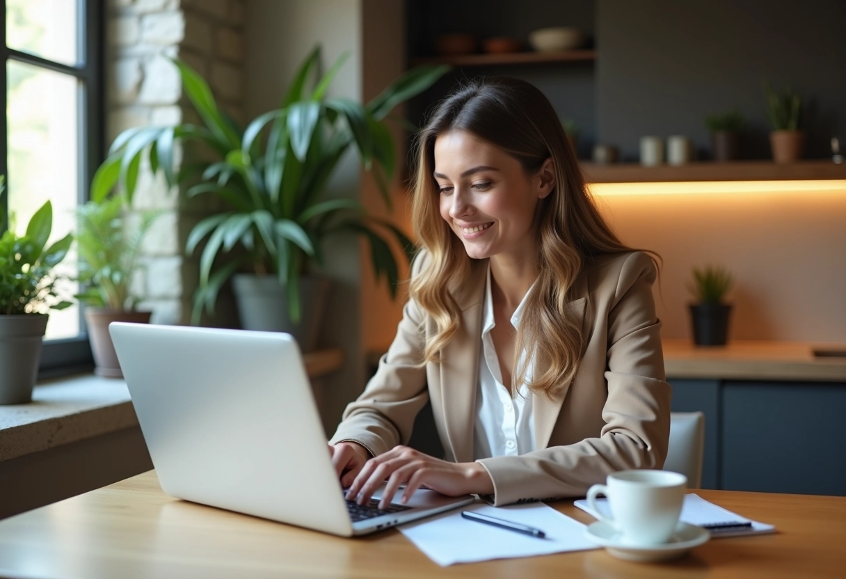 Jeune femme au bureau cuisine avec ordinateur et plantes