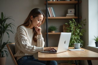 Femme assise à un bureau moderne utilisant un ordinateur portable