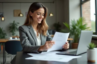 Femme souriante au bureau avec documents et ordinateur
