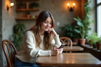 Jeune femme au café regardant son téléphone avec l'heure 11h22