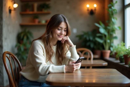 Jeune femme au café regardant son téléphone avec l'heure 11h22