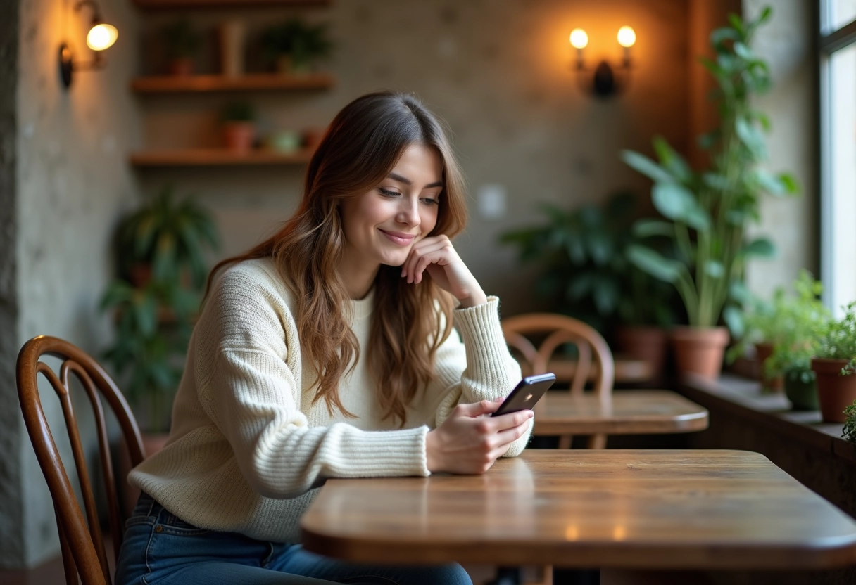 Jeune femme au café regardant son téléphone avec l'heure 11h22