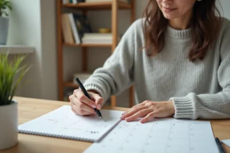 Femme remplissant un calendrier semaine paire impaire imprimé en format A4 sur un bureau en bois