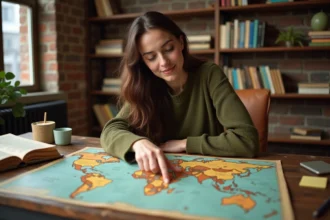 Femme étudiant une carte du monde vintage avec des livres de géographie ouverts sur un bureau en bois