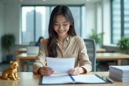 Femme chinoise en bureau professionnel avec documents