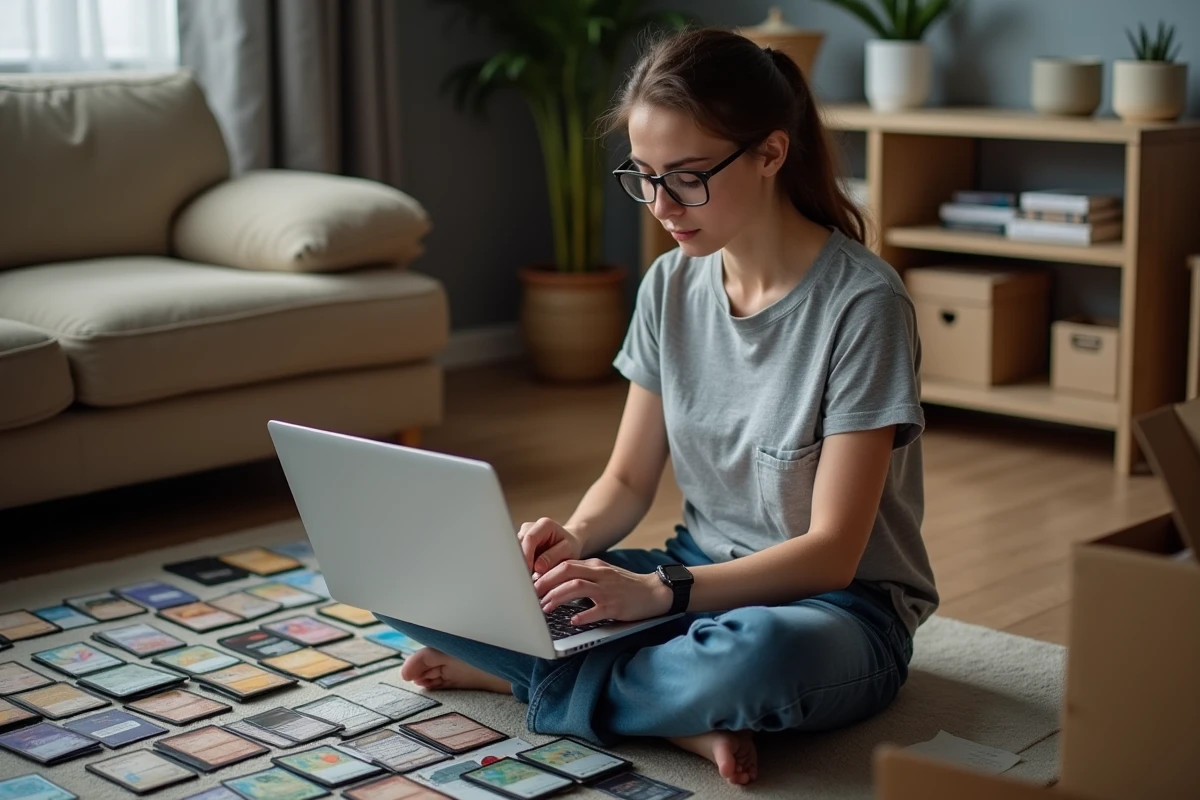 Femme classant sa collection de cartes Magic: The Gathering sur le sol du salon avec un logiciel de gestion sur ordinateur portable