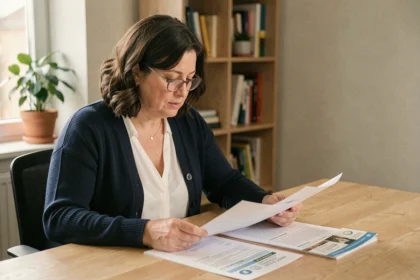 Femme comparant des documents de mutuelle santé à son bureau à domicile