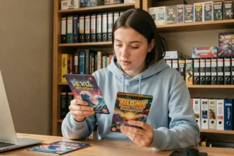 Jeune femme comparant des boosters Étincelles Déferlantes sur un bureau en bois dans un bureau à domicile de collectionneur
