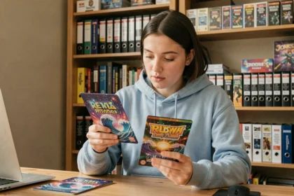 Jeune femme comparant des boosters Étincelles Déferlantes sur un bureau en bois dans un bureau à domicile de collectionneur