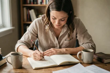 Femme corrigeant une faute d'orthographe dans un cahier avec un crayon, assise à un bureau en bois dans un bureau à domicile chaleureux