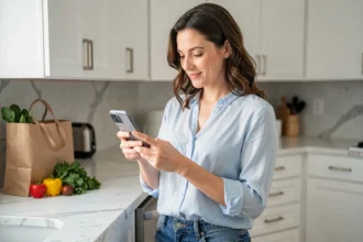 Femme consultant l'application Carrefour courses en ligne sur smartphone dans une cuisine moderne