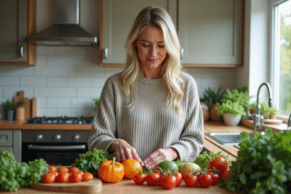 Femme en cuisine triant des légumes frais