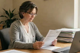 Femme consultant des documents d'assurance maladie complémentaire à son bureau à domicile