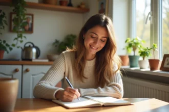 Femme écrivant un poème d'anniversaire dans sa cuisine chaleureuse
