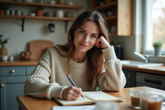 Jeune femme écrivant dans un carnet à la maison