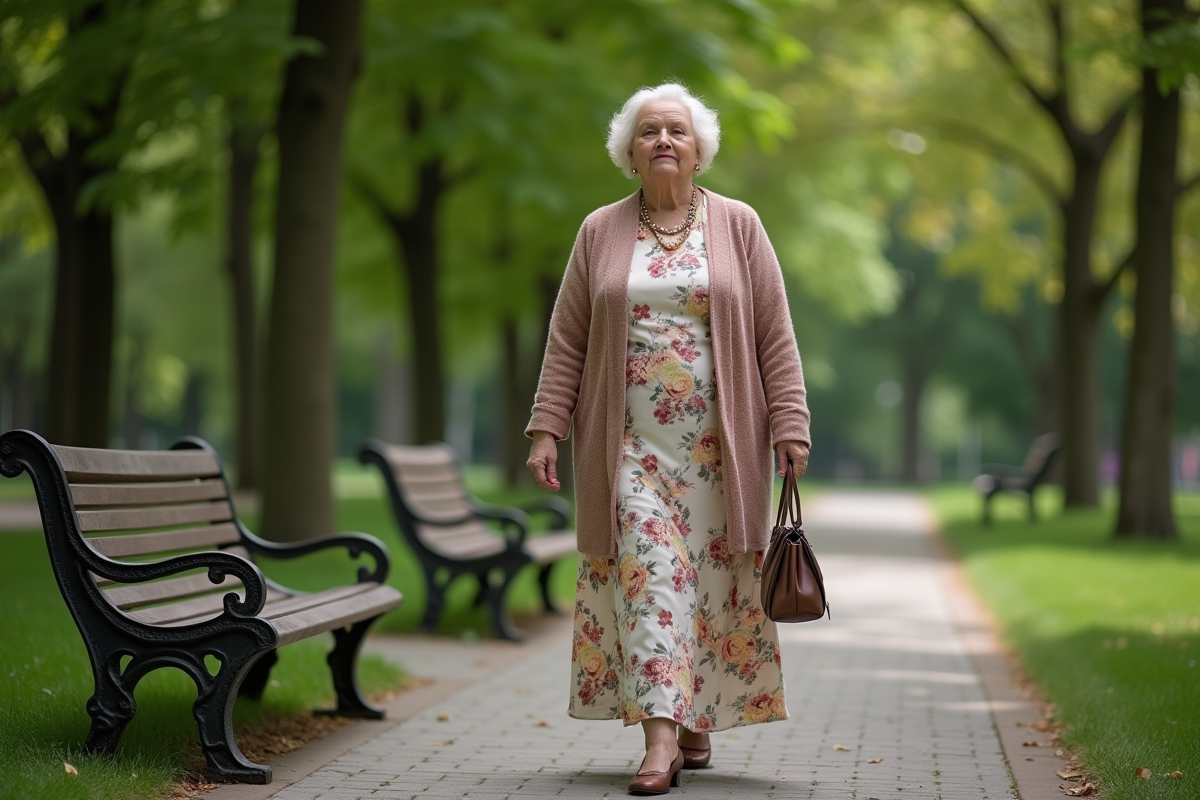 Femme ronde dans un parc en robe fleurie et echarpe