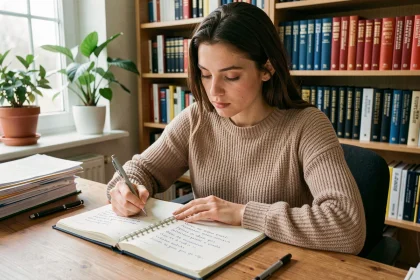 Jeune femme étudiant des exemples de phrases dans un cahier ouvert, assise à un bureau en bois avec des dictionnaires en arrière-plan