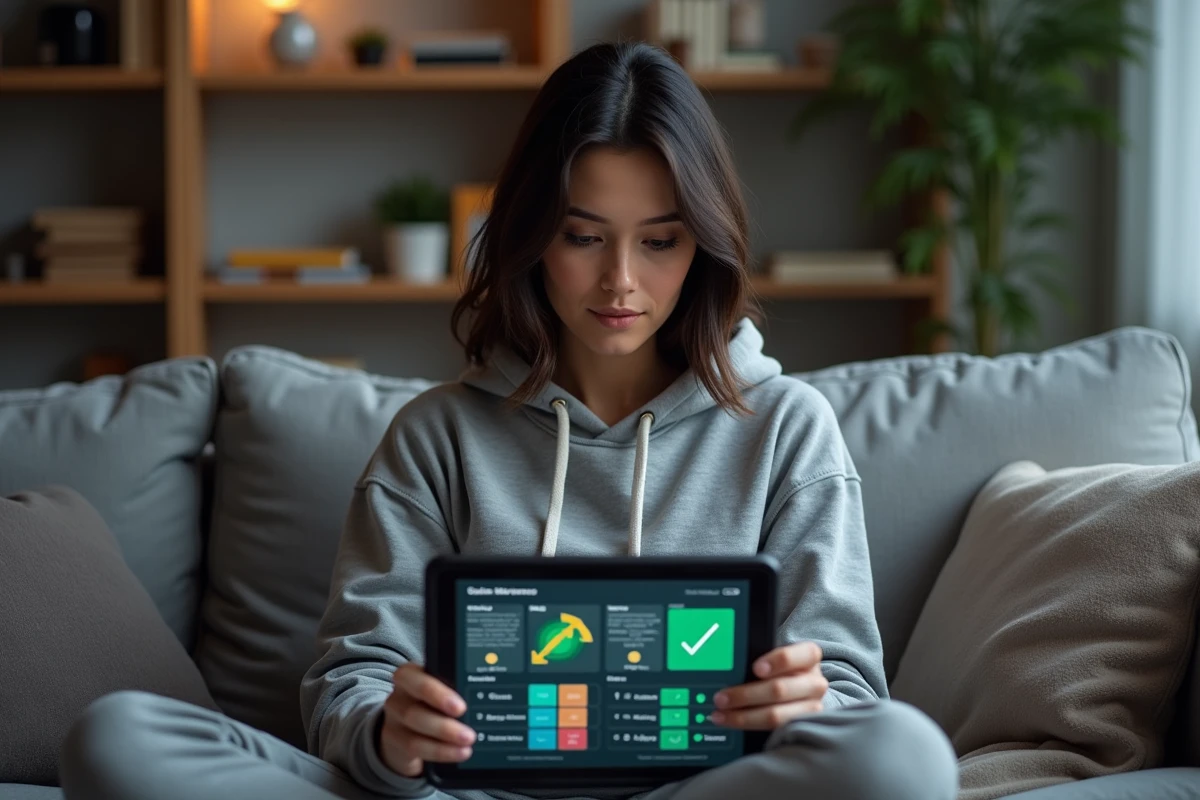 Femme consultant un tableau de faiblesses des types Dragon sur une tablette dans un salon moderne et cosy