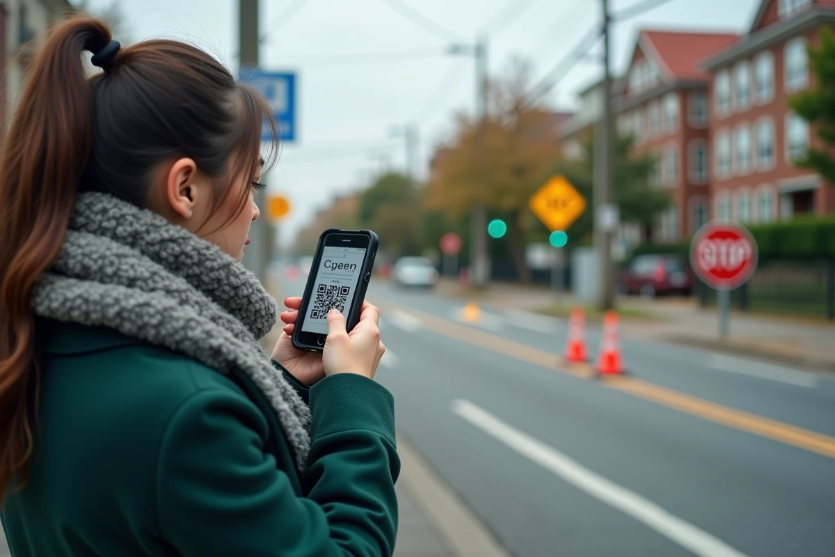Jeune femme en manteau vert scanne un QR code dans la forêt