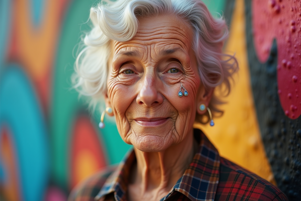 Femme âgée avec tatouage larme devant un mur graffiti coloré