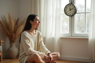 Femme contemplative regardant une horloge affichant 11h22, atmosphère spirituelle et sereine dans un intérieur minimaliste