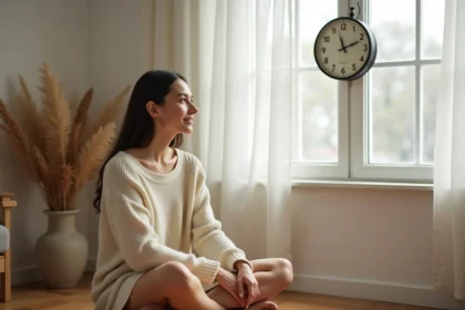 Femme contemplative regardant une horloge affichant 11h22, atmosphère spirituelle et sereine dans un intérieur minimaliste