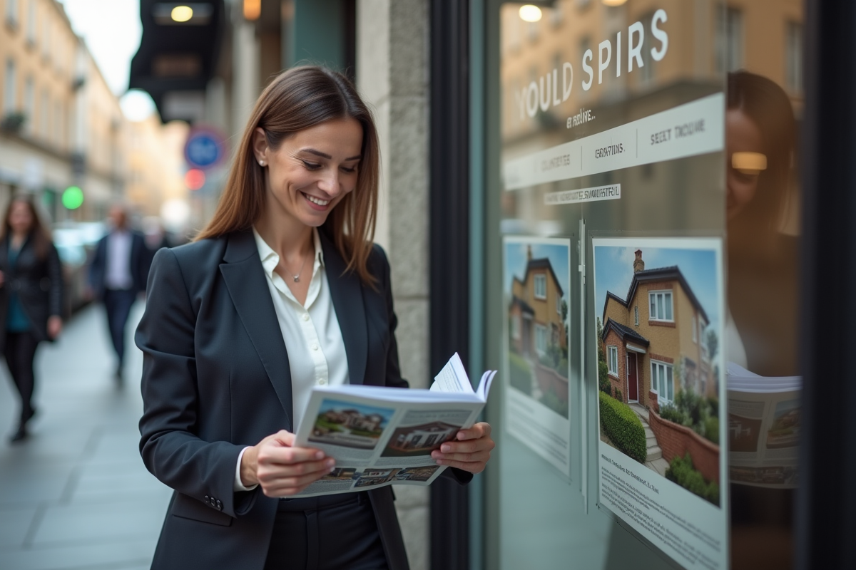 Femme consulte une brochure immobilière dans la rue