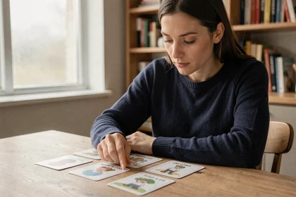 Femme jouant au jeu 4 images 1 mot avec des cartes illustrées posées sur une table en bois, cherchant un mot de 9 lettres