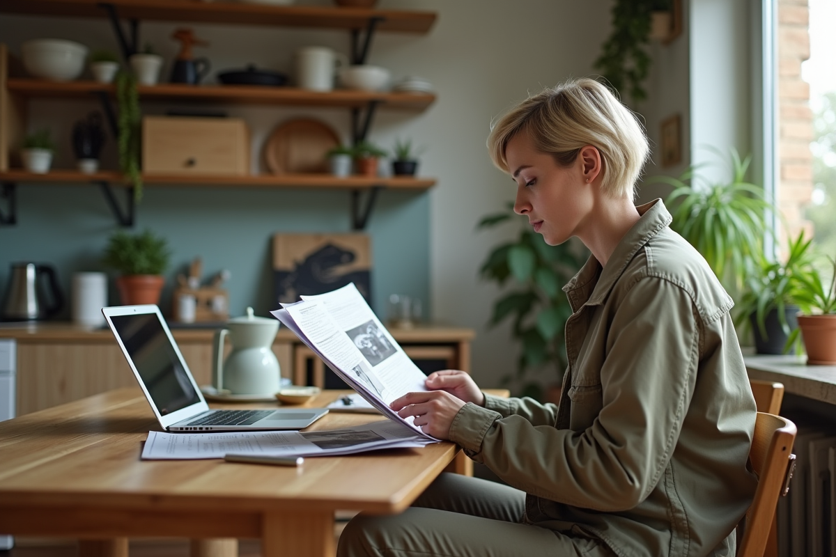 Femme comparant brochures de motos dans une cuisine lumineuse