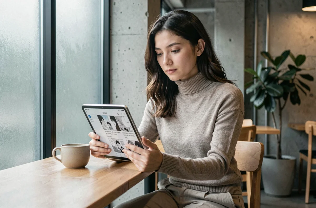Jeune femme lisant des mangas boys love en numérique sur tablette dans un café moderne