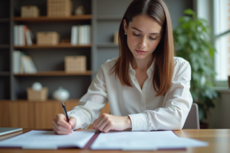 Femme professionnelle examine documents de prêt immobilier