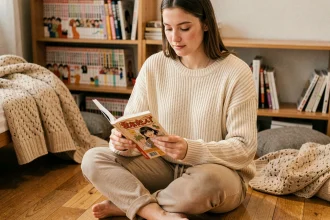 Jeune femme lisant un manga boys love assis sur le sol d'une chambre cosy entourée de livres