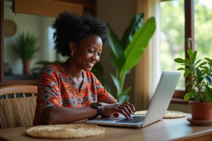 Femme malgache souriante dans son bureau à domicile